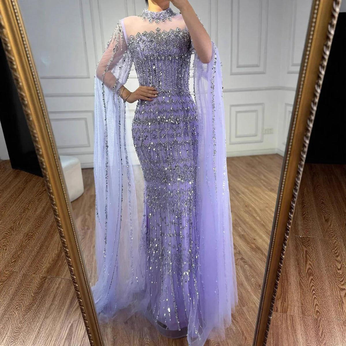 Arabic Luxury Beaded Mermaid Evening Dress Modest High Neck Cape Sleeves CLA72714A