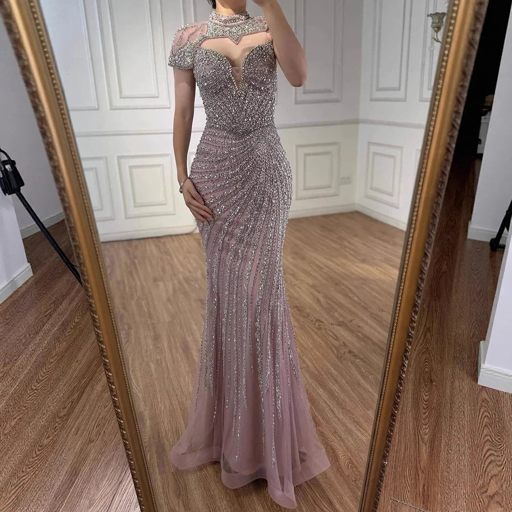Arabic Luxury Beaded Mermaid Strapless With Detachable Cape Evening Dress CLA73087