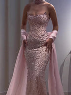 Lebanon Luxury Pink Diamond Evening Dress With Shawl For Women Wedding Party CLA73225