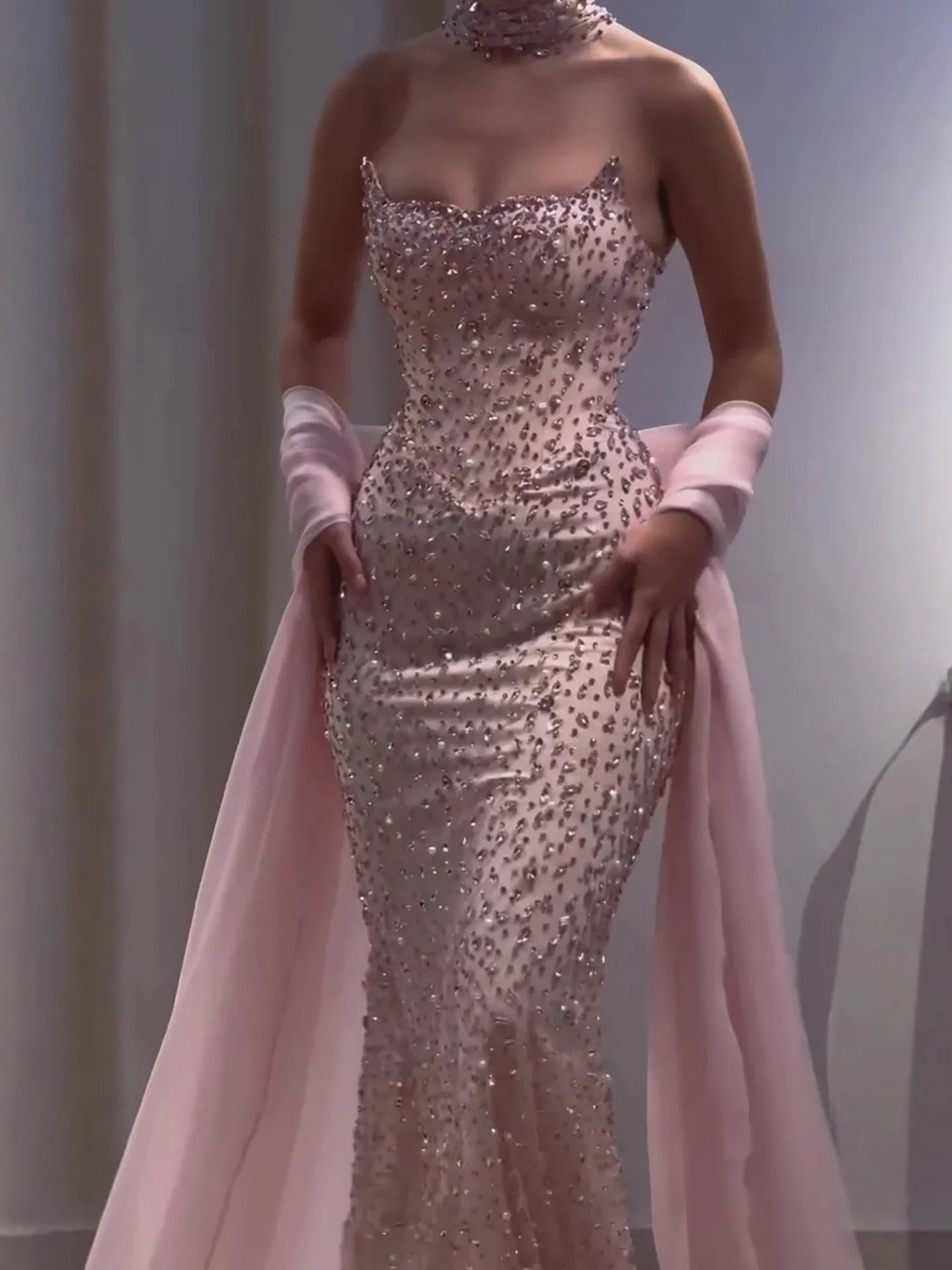 Lebanon Luxury Pink Diamond Evening Dress With Shawl For Women Wedding Party CLA73225