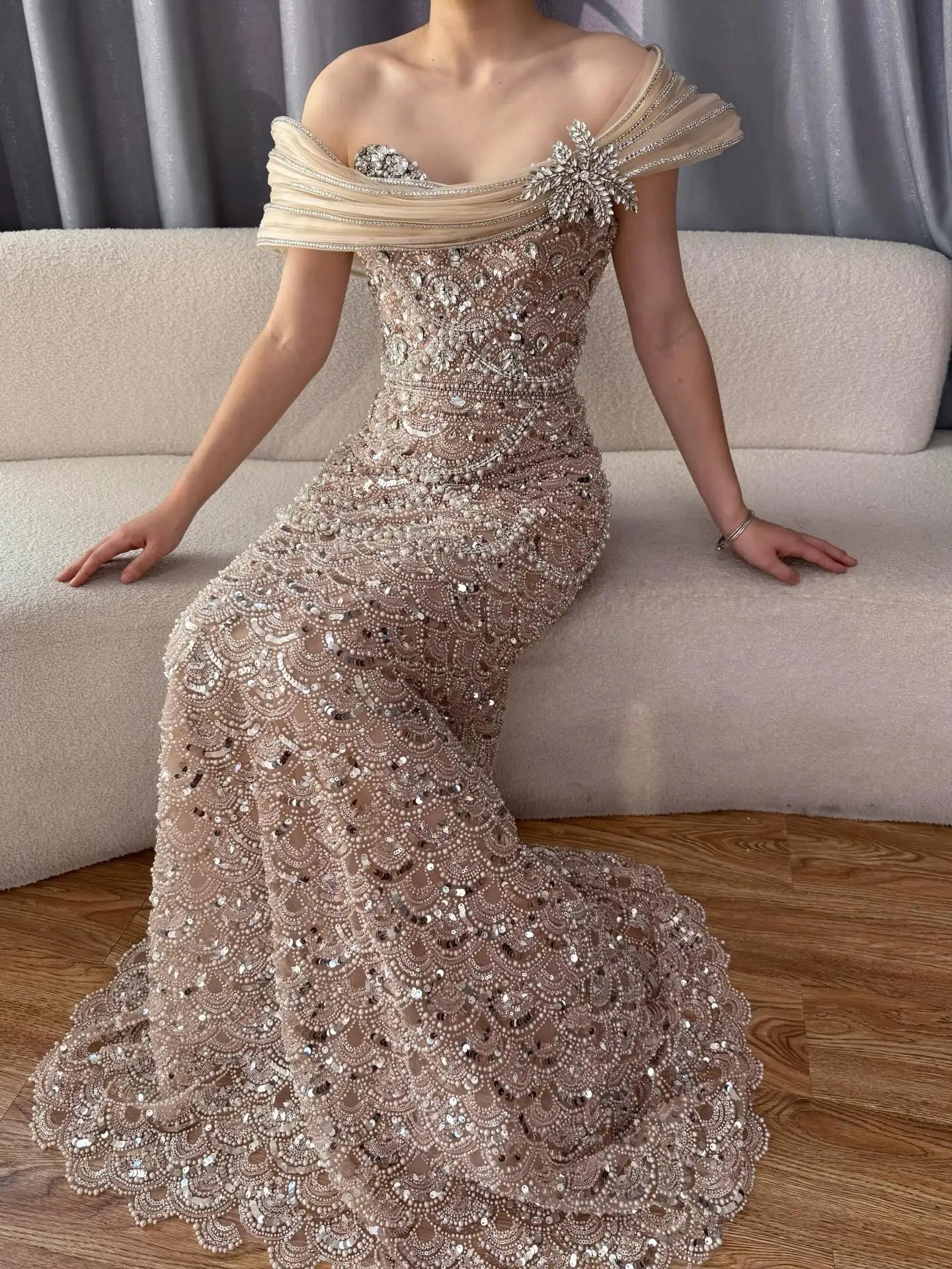 Luxury Nude Beaded Off Shoulder Mermaid Evening Dress CLA73365A
