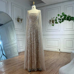 Arabic Simple Style Beaded A-Line With Cape Sleeves Square Neck Evening Dress CLA72590B