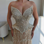 Kosovo Luxury Full Diamonds Beaded A-Line Evening Dress Nude Strapless Women Red Carpet Gown CLA73209