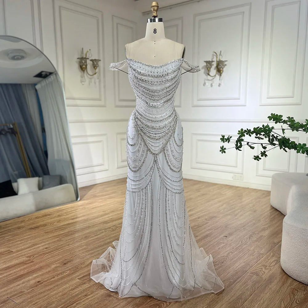 Kosovo Luxury Pearls Beaded Mermaid Off Shoulder Elegant Evening Dress CLA72253
