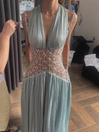 Turquoise Beaded A-Line Simple Style Evening Dress CLA73421
