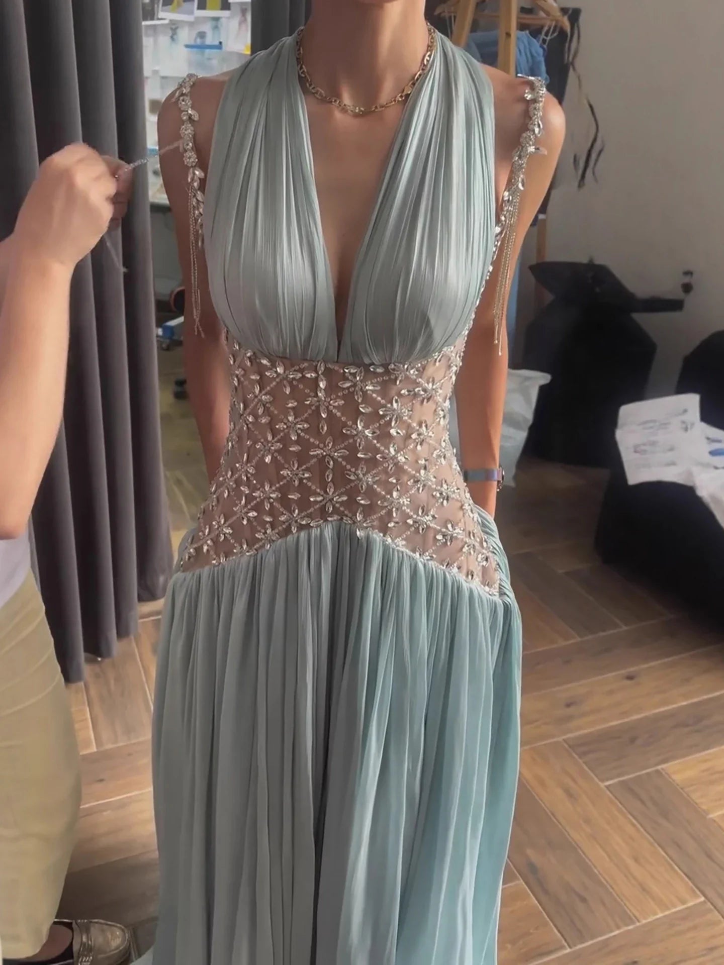 Turquoise Beaded A-Line Simple Style Evening Dress CLA73421
