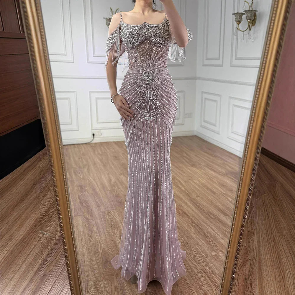 Luxury Sage Green Pearls Beaded Mermaid Evening Dress Off Shoulder CLA73148