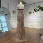 Luxury Red Saudi Arabic Crystal Beaded One Shoulder Evening Dress CLA73135