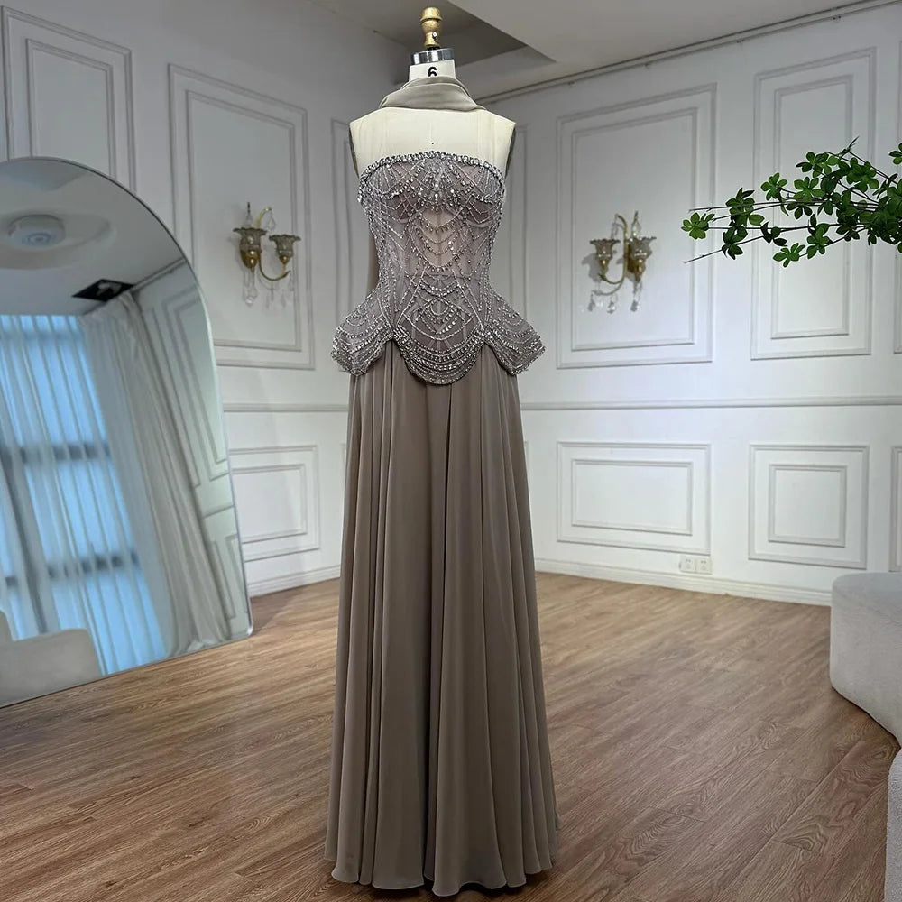 Luxury Designer Nude Beaded Chiffon Evening Dress CLA72915