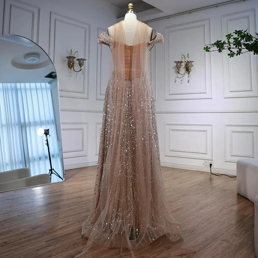 Simple Arabic Pink Pearls Beaded Evening Dress With Shawl CLA72922