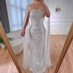 Luxury White Dubai Arabia Beaded Evening Dress With Cape CLA72870