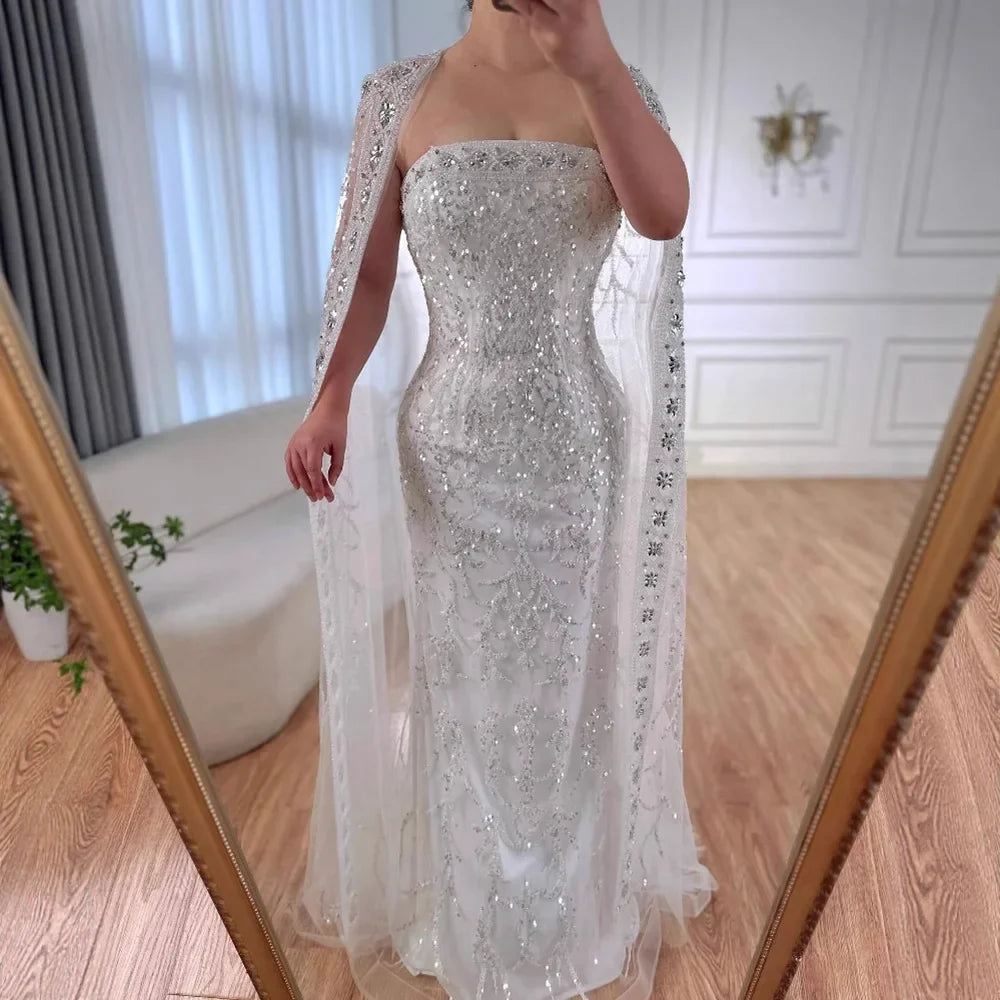 Luxury White Dubai Arabia Beaded Evening Dress With Cape CLA72870