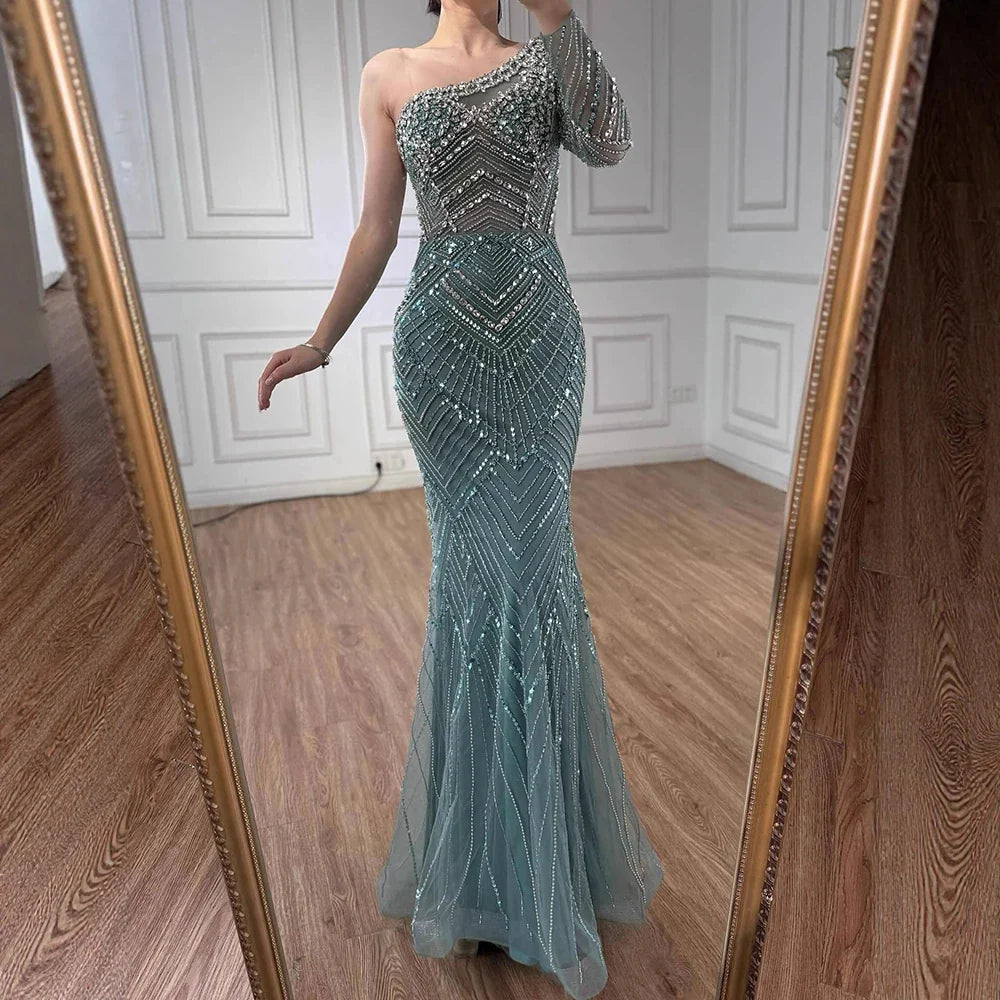 Luxury Nude One Shoulder Long Sleeve Beaded Evening Dress CLA73180