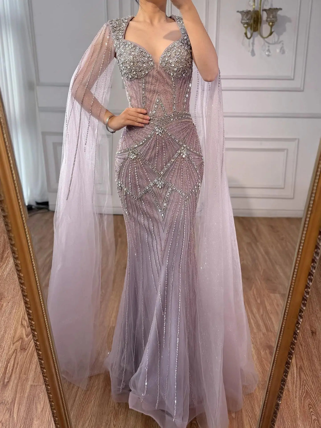 Luxury Dubai Pink Beaded Evening Dress With Cape CLA73329