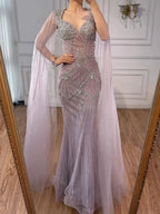 Luxury Dubai Pink Beaded Evening Dress With Cape CLA73329