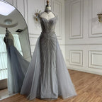 Luxury Nude Beaded Mermaid Detachable Cape Evening Dress With Overskirt CLA73182