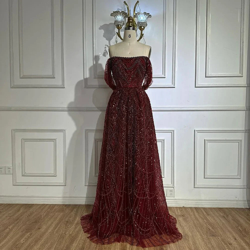 Luxury Nude A-Line Pearls Off Shoulder Evening Dress CLA72738A