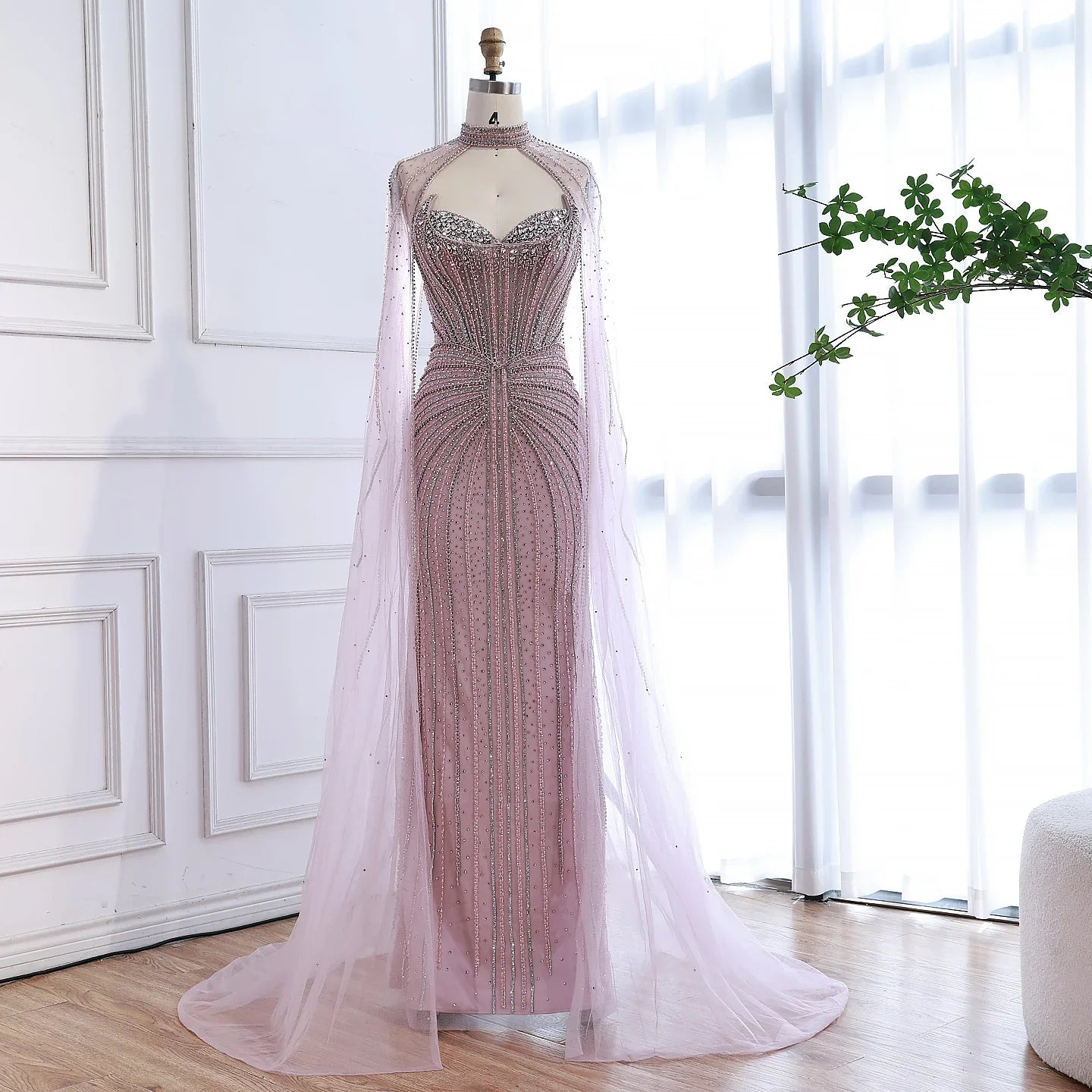 Luxury Dubai Caramel Beaded Evening Dress With Cape CLA72811C