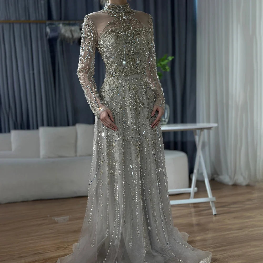 Luxury Dubai Designer Modest A-Line Blue Lace Beaded Evening Dresses CLA72704