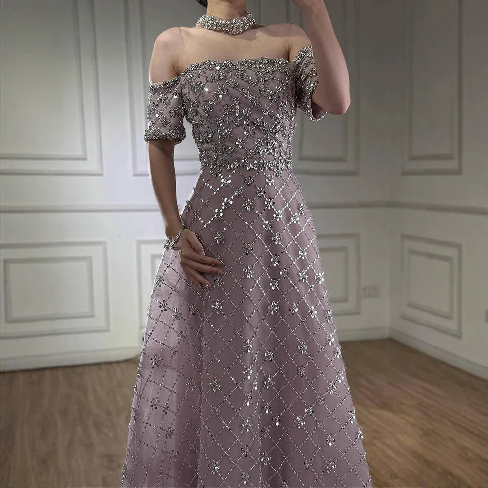 Luxury Nude Sliver Off Shoulder Beaded Crystal A-Line Evening Dress CLA73122