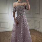 Luxury Nude Sliver Off Shoulder Beaded Crystal A-Line Evening Dress CLA73122