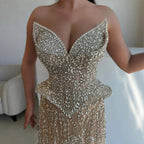 Kosovo Luxury Full Diamonds Beaded A-Line Evening Dress Nude Strapless Women Red Carpet Gown CLA73209
