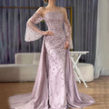 Dubai Luxury Blue Beaded Pearls Evening Gown with Overskirt CLA72705
