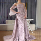 Dubai Luxury Blue Beaded Pearls Evening Gown with Overskirt CLA72705