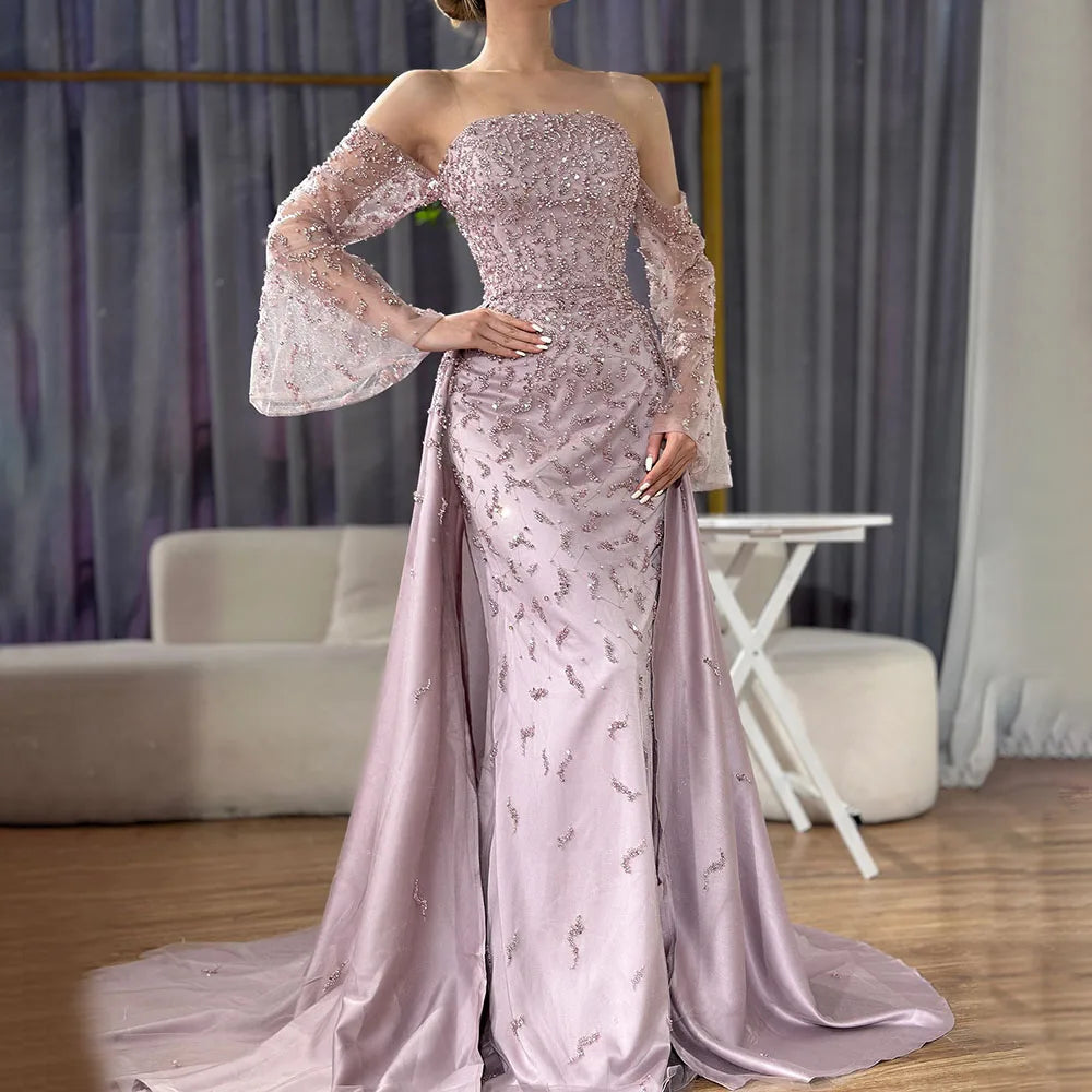 Dubai Luxury Blue Beaded Pearls Evening Gown with Overskirt CLA72705