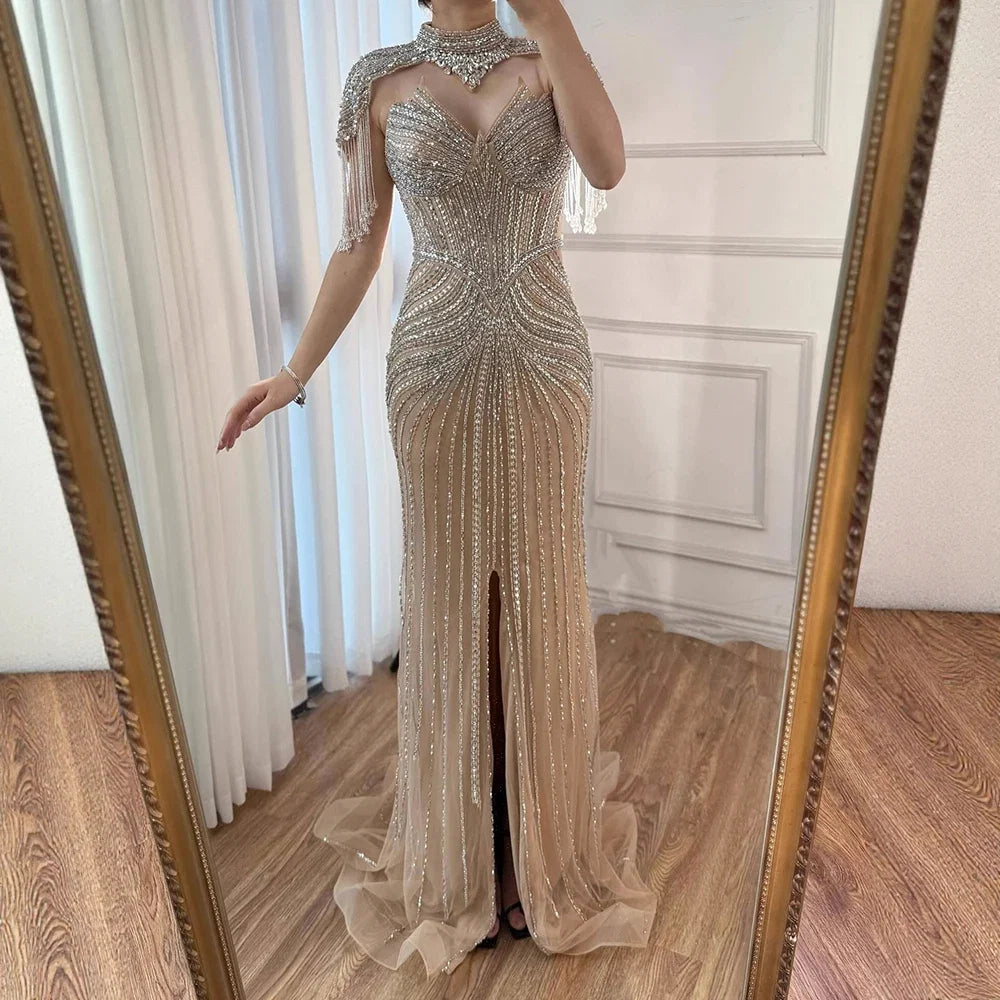 Arabic Luxury Beaded Mermaid Evening Dress With Detachable Tassels Cape CLA72891A