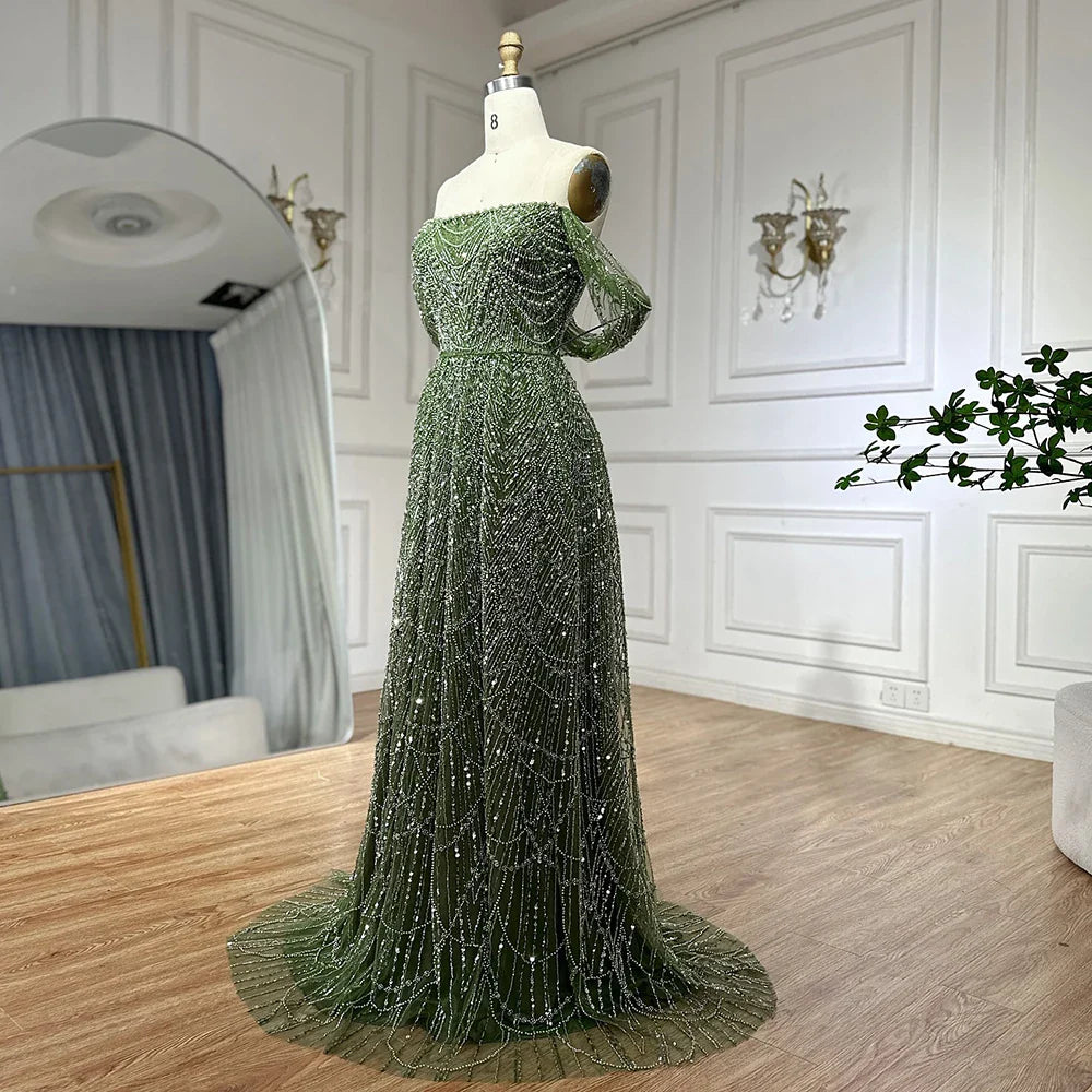 Luxury Nude A-Line Pearls Off Shoulder Evening Dress CLA72738A