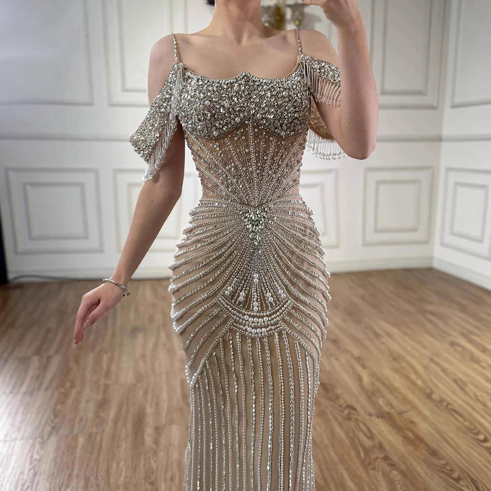 Luxury Sage Green Pearls Beaded Mermaid Evening Dress Off Shoulder CLA73148