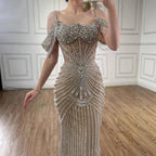 Luxury Sage Green Pearls Beaded Mermaid Evening Dress Off Shoulder CLA73148