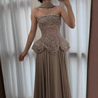 Luxury Designer Nude Beaded Chiffon Evening Dress CLA72915