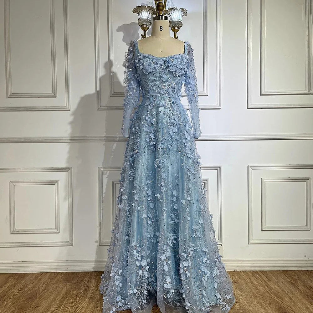 Arabic Simple Style Floral Square Neck Long Sleeves A-Line Evening Dress Women Wedding Party Gown CLA72657