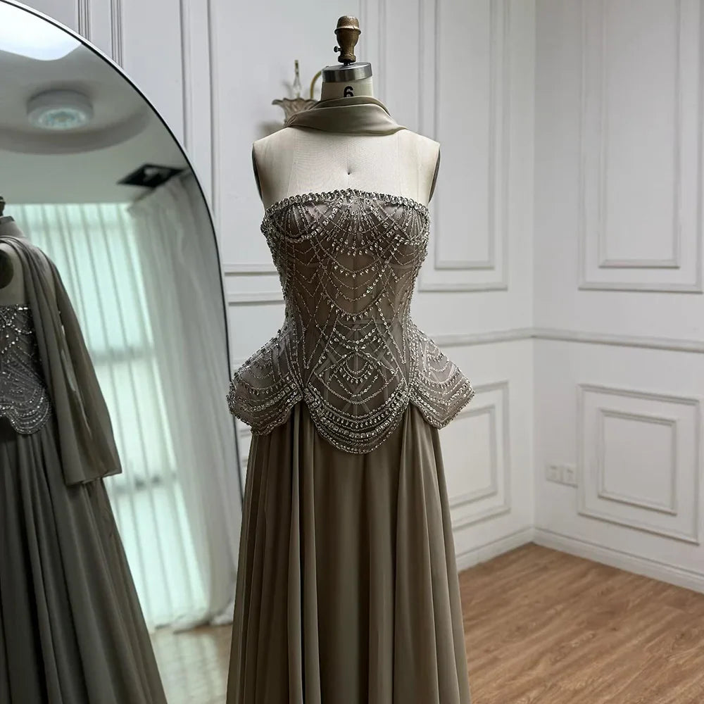 Luxury Designer Nude Beaded Chiffon Evening Dress CLA72915