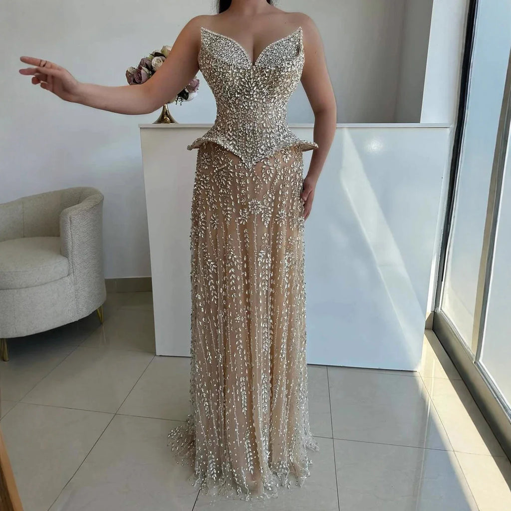 Kosovo Luxury Full Diamonds Beaded A-Line Evening Dress Nude Strapless Women Red Carpet Gown CLA73209