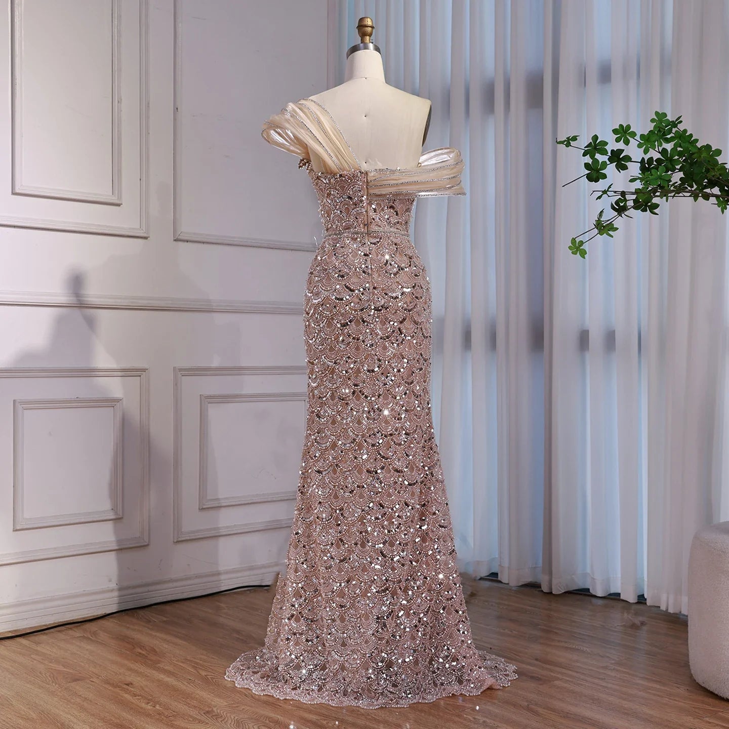 Luxury Nude Beaded Off Shoulder Mermaid Evening Dress CLA73365A