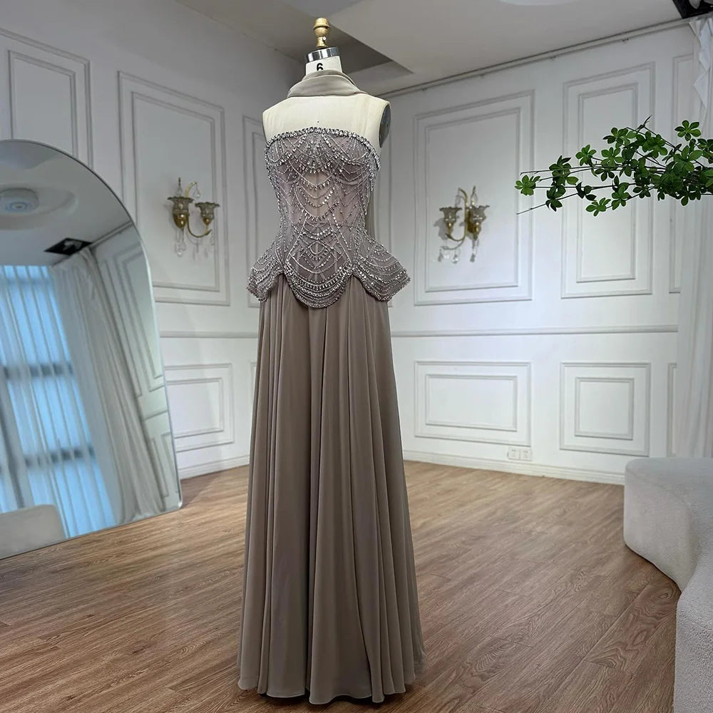 Luxury Designer Nude Beaded Chiffon Evening Dress CLA72915