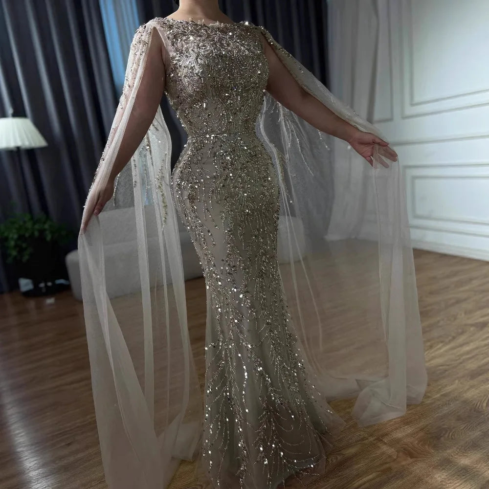 Luxury Caramel Beaded Mermaid Evening Dress With Cape Sleeves CLA73078