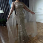 Luxury Caramel Beaded Mermaid Evening Dress With Cape Sleeves CLA73078
