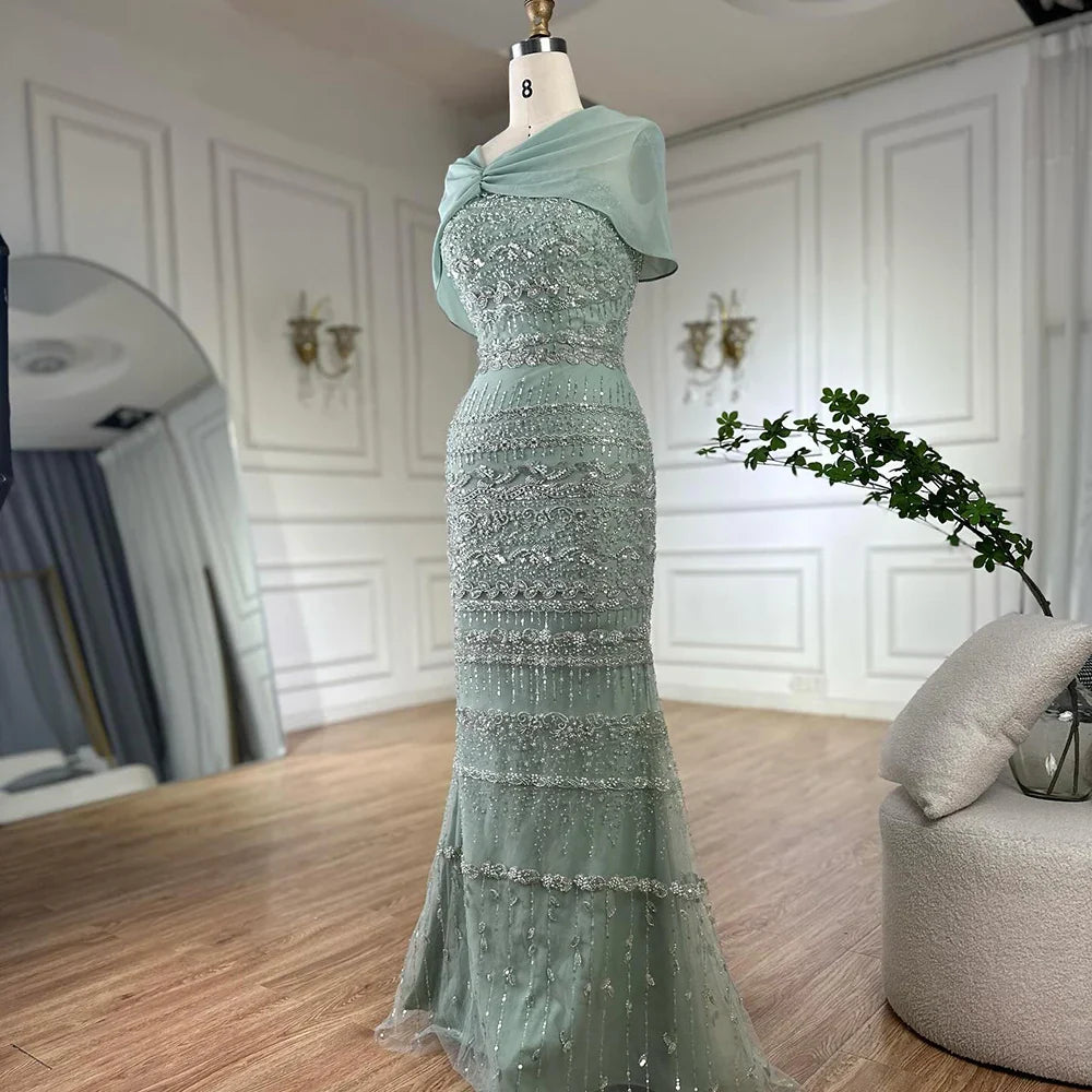 Arabic Sage Green Simple Beaded Mermaid Evening Dress With Chiffon Cape CLA72126B