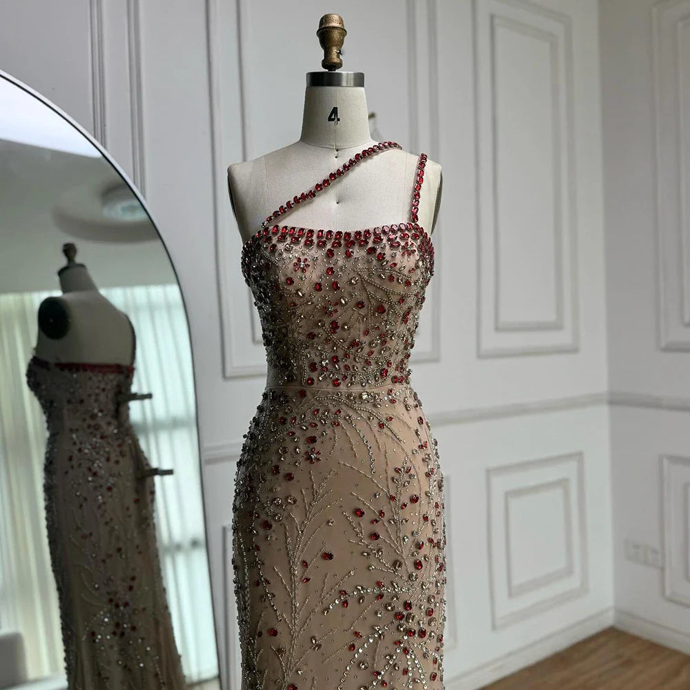 Luxury Red Saudi Arabic Crystal Beaded One Shoulder Evening Dress CLA73135
