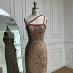 Luxury Red Saudi Arabic Crystal Beaded One Shoulder Evening Dress CLA73135