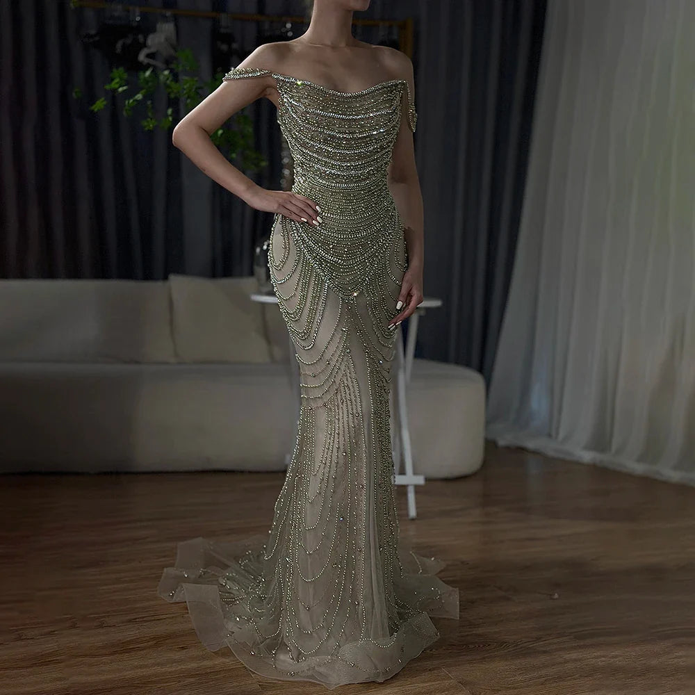 Kosovo Luxury Pearls Beaded Mermaid Off Shoulder Elegant Evening Dress CLA72253