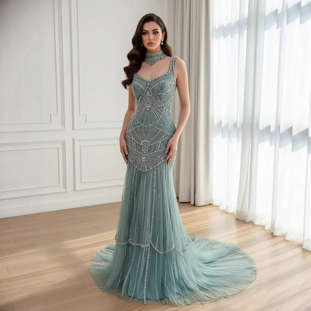 Luxury Turquoise Arabic Mermaid Beaded Evening Dress CLA73189B