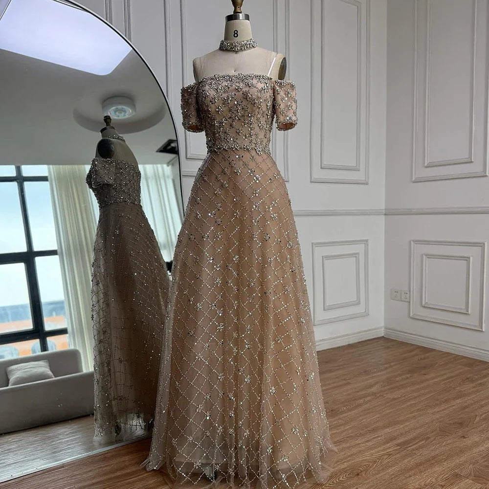 Luxury Nude Sliver Off Shoulder Beaded Crystal A-Line Evening Dress CLA73122