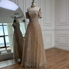 Luxury Nude Sliver Off Shoulder Beaded Crystal A-Line Evening Dress CLA73122