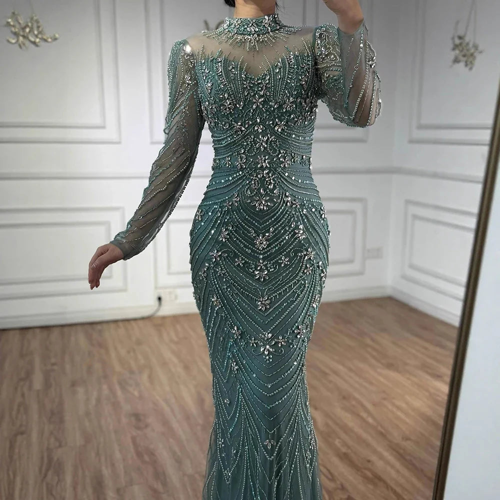 Luxury Nude Beaded Long Sleeves Modest Muslim Mermaid Evening Dress CLA73158