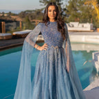 Arabic Luxury Full Beaded Modest High Neck Cape Sleeves A-Line Evening Dress CLA70066B
